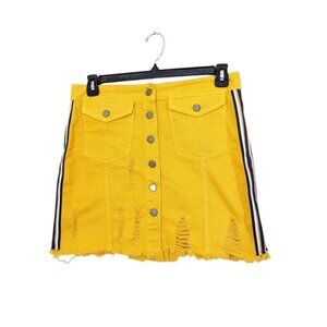 Womens Skirt US 16 Yellow Denim Distressed Short Mini Racing Stripes Brazil Made
